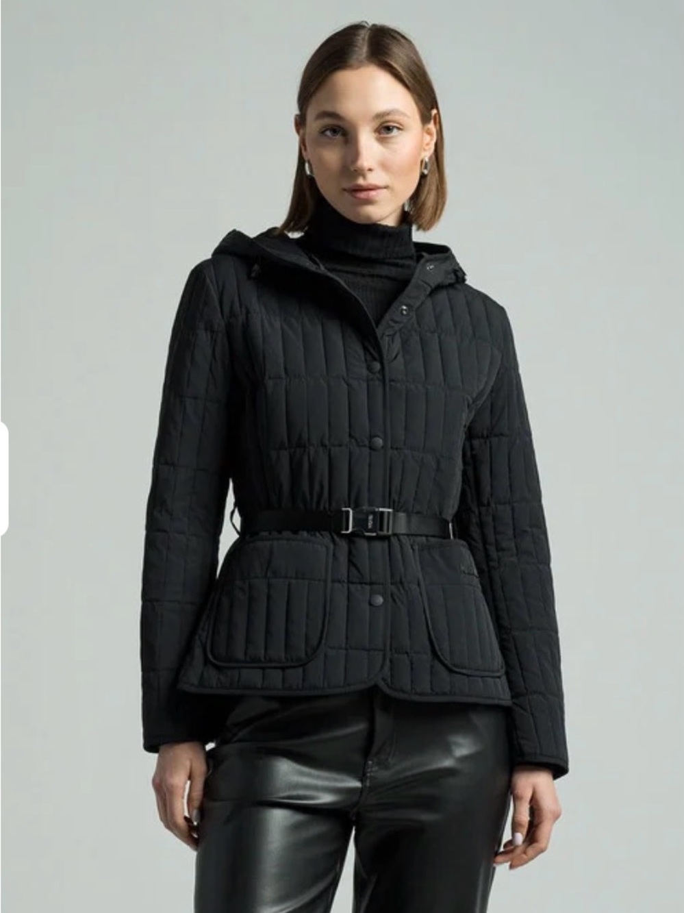 Mackage Raja Black Quilted Hooded Belted Jacket with Snap Front, XS